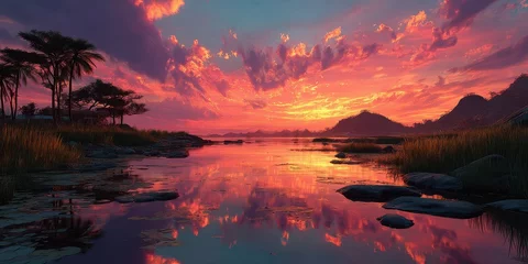 Fototapeten Vibrant sunset reflects on tranquil waters in a serene landscape with palm trees and distant hills © Georg