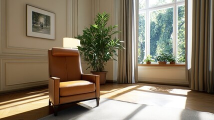 Tan leather armchair by sunny window