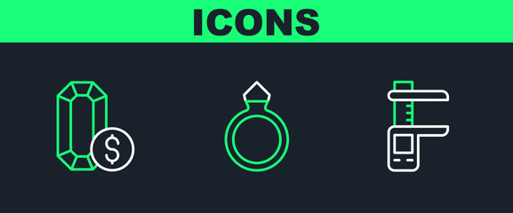 Set line Calliper or caliper and scale, Jewelry online shopping and Diamond engagement ring icon. Vector