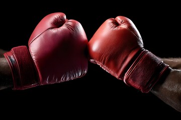 Two boxing gloves facing each other against a black background.