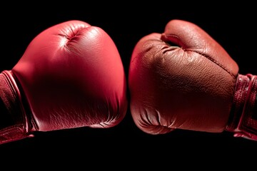 Two boxing gloves, red and maroon, are positioned against a black background.