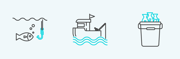 Set line Fishing bucket with fishes, hook under water and boat fishing rod on icon. Vector