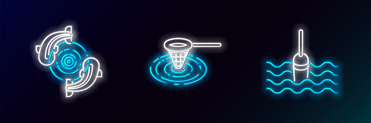 Set line Fishing float in water, and net icon. Glowing neon. Vector © Oksana