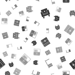 Set Armchair, Office desk, Wardrobe and Library bookshelf on seamless pattern. Vector