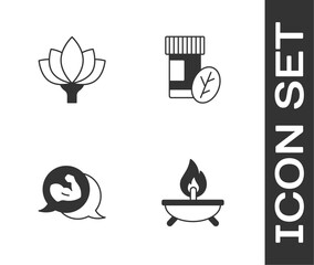 Set Aroma candle, Lotus flower, Bodybuilder muscle and Vitamin pill icon. Vector
