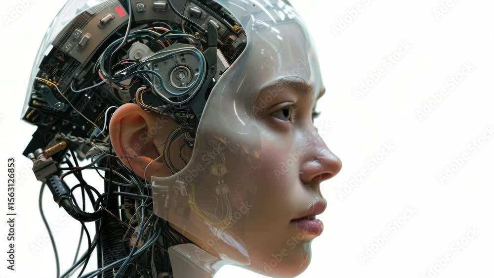 Poster A close-up view of a person's face with a robotic head, suitable for illustrations and futuristic concepts