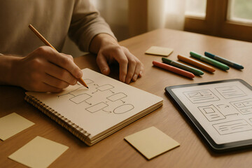 A designer sketches a flowchart with a tablet displaying website mockups