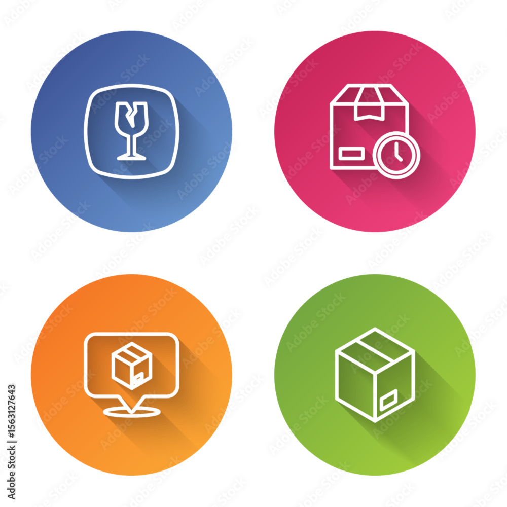 Aufkleber set line fragile broken glass, cardboard box with clock, location cardboard and carton. color circle