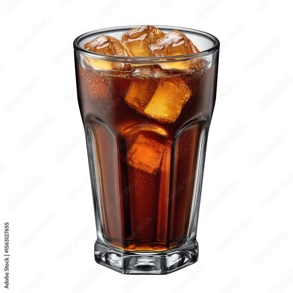 Aufkleber refreshing cola drink with ice cubes in a glass for beverage and refreshment use cases