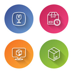 Set line Fragile broken glass, Cardboard box with clock, Location cardboard and Carton. Color circle button. Vector