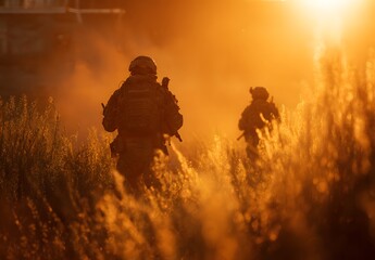 Silhouette of soldiers at sunrise in a field.