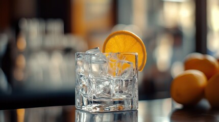 Refreshing drink with ice and orange slice