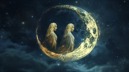 
"Crescent moon cradling triple goddess symbol (maiden/mother/crone