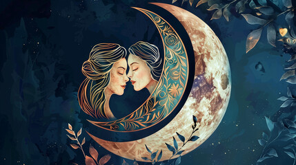 
"Crescent moon cradling triple goddess symbol (maiden/mother/crone