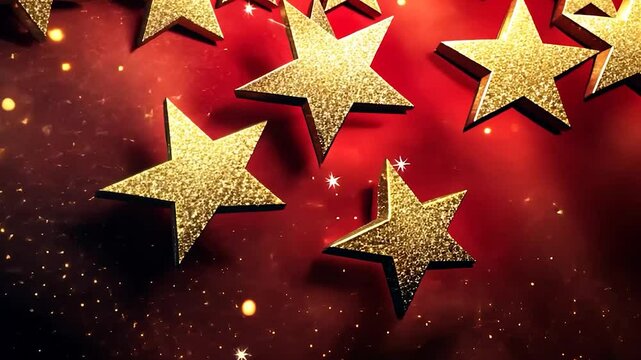 Golden stars on a red background with glittering sparkles