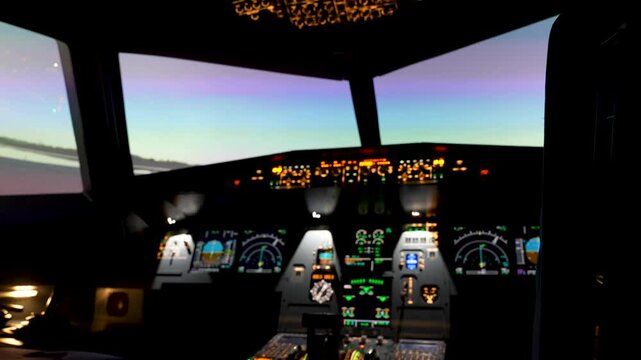 Smooth forward push shot revealing pilot and copilot seats inside Airbus A320 cockpit, featuring overhead panels, central controls, and engine levers.