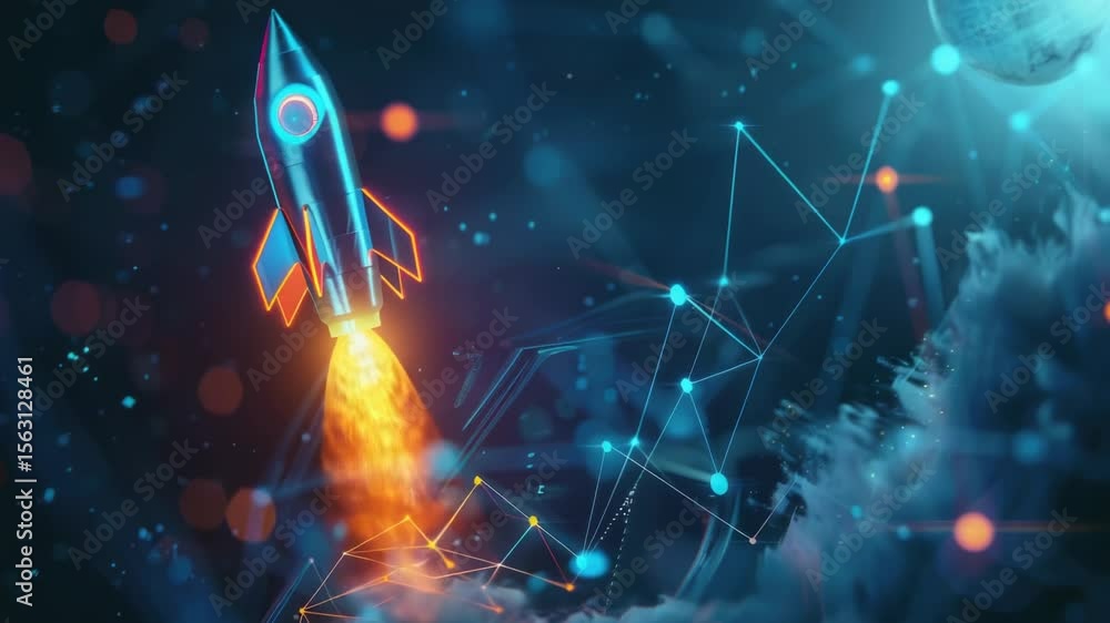 Poster A rocket soaring through the sky with smoke and flames trailing behind