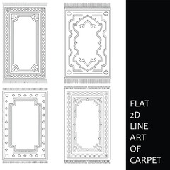 Four Black and White Line Art Designs of Carpets with Geometric Patterns and Fringes Detailed Illustrations of Rectangular Rugs with Ornate Borders and Central Motifs Simple Flat 2 D