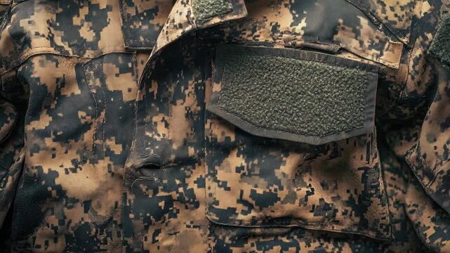 Close-up shot of a military jacket with a camouflage pattern, suitable for use in backgrounds or as an icon