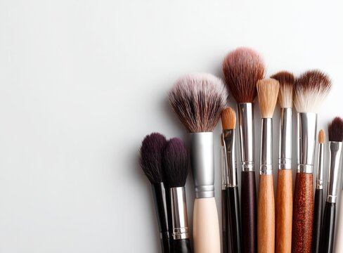 Assortment of makeup brushes with varying sizes and bristle colors on a white background surface