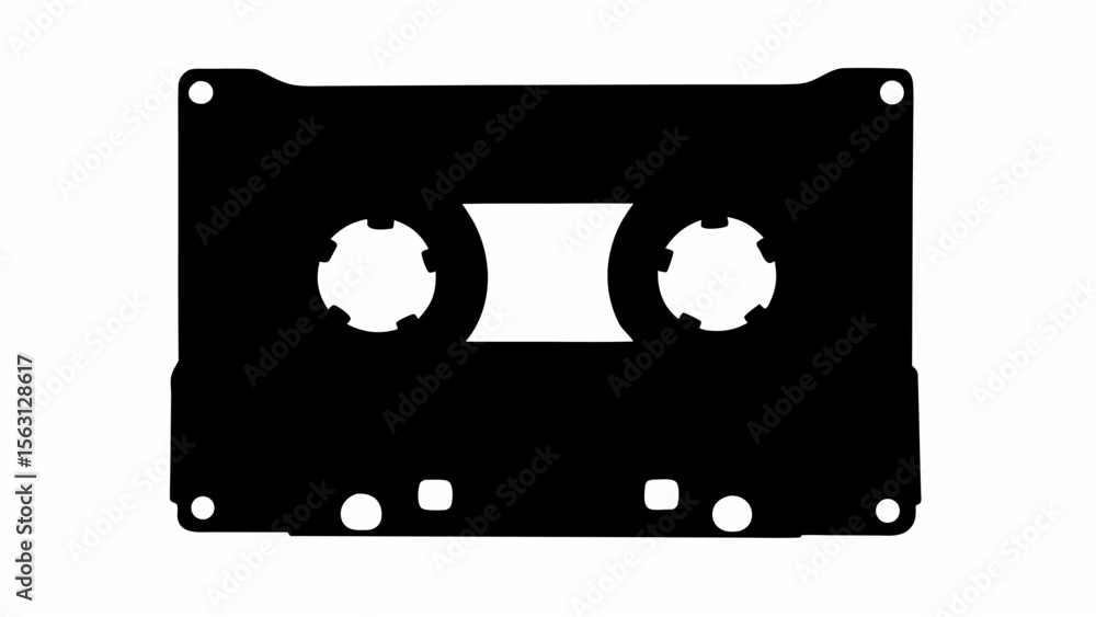 Poster silhouette of a retro audio cassette tape with two circular reels and a rectangular body design elem