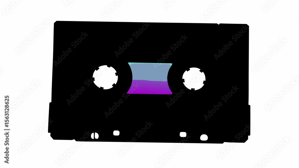 Poster silhouette of a cassette tape with visible spools and a gradient colored tape window in the center