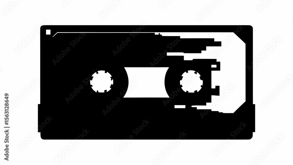Poster silhouette of a cassette tape with two circular reels and a rectangular body against a white backgro