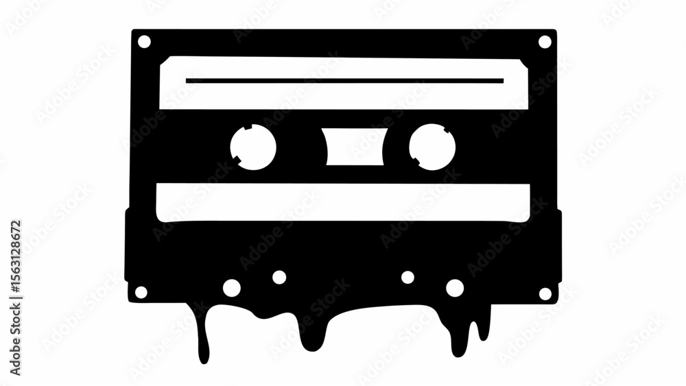 Poster black cassette tape with dripping effect in a minimalist style against a white background design ele