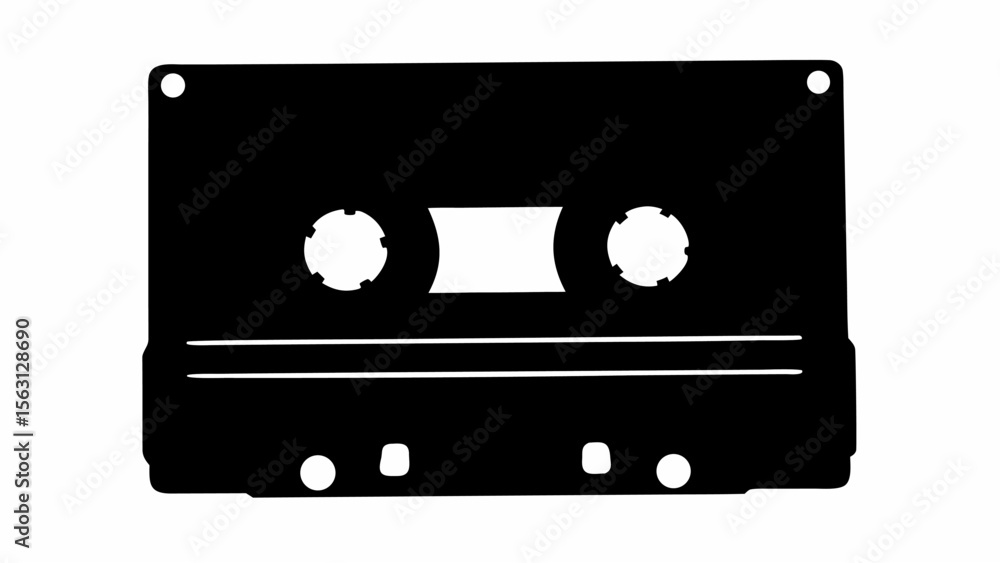Poster black silhouette of a cassette tape with two spools and a rectangular opening on a white background