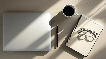 Flat Lay of Workspace with Laptop and Coffee, Minimal Office Desk with Notebook and Cappuccino, Business Workspace Setup with Eyeglasses and Laptop, generative ai

