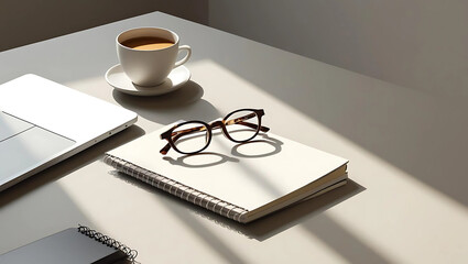 Flat Lay of Workspace with Laptop and Coffee, Minimal Office Desk with Notebook and Cappuccino, Business Workspace Setup with Eyeglasses and Laptop, generative ai

