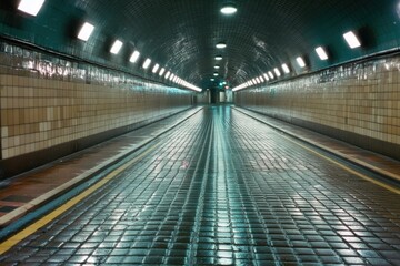 Obraz premium Long empty illuminated tunnel perspective shot with textured walls and shiny wet floor leading into distance