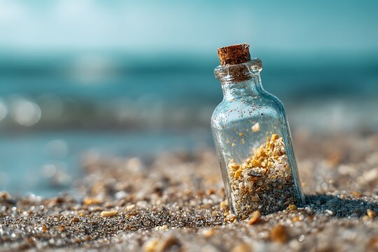 Empty Glass Bottle With Message On Beach Sand