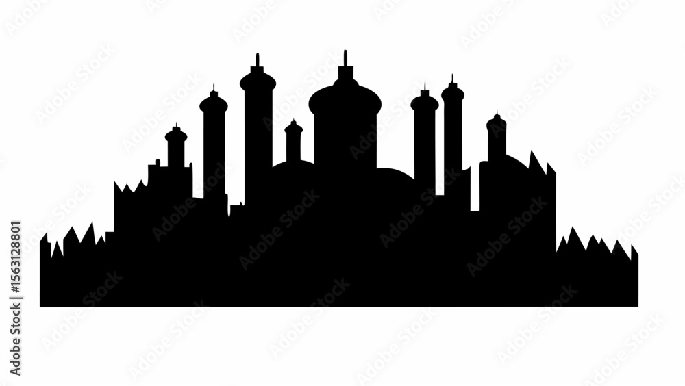 Poster silhouette of a cityscape with domes and towers against a white background creating a skyline view