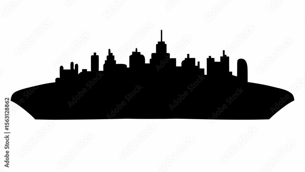Poster silhouette of a cityscape with various buildings and structures against a white background in simple
