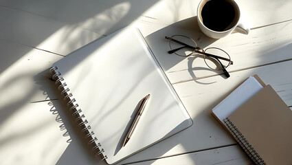 Flat Lay of Workspace with Laptop and Coffee, Minimal Office Desk with Notebook and Cappuccino, Business Workspace Setup with Eyeglasses and Laptop, generative ai

