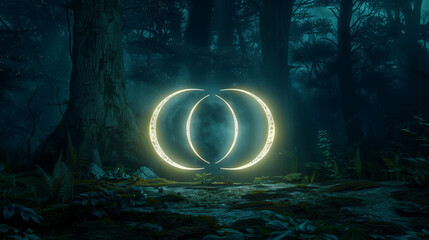 
"Hecate's triple moon symbol glowing in dark forest