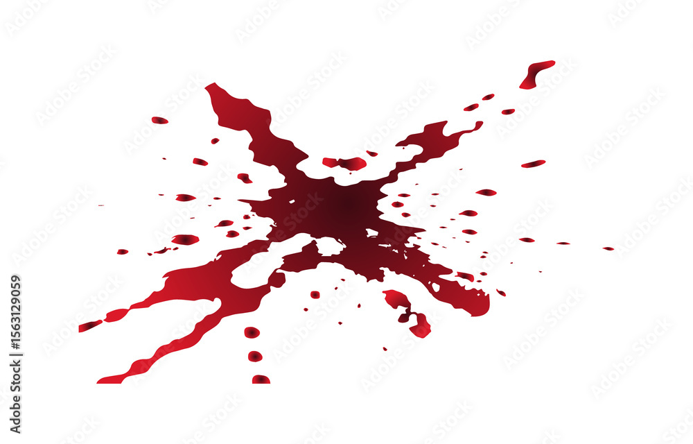 Poster a vibrant red blood splatter with many small droplets and larger splashes creating an abstract shape