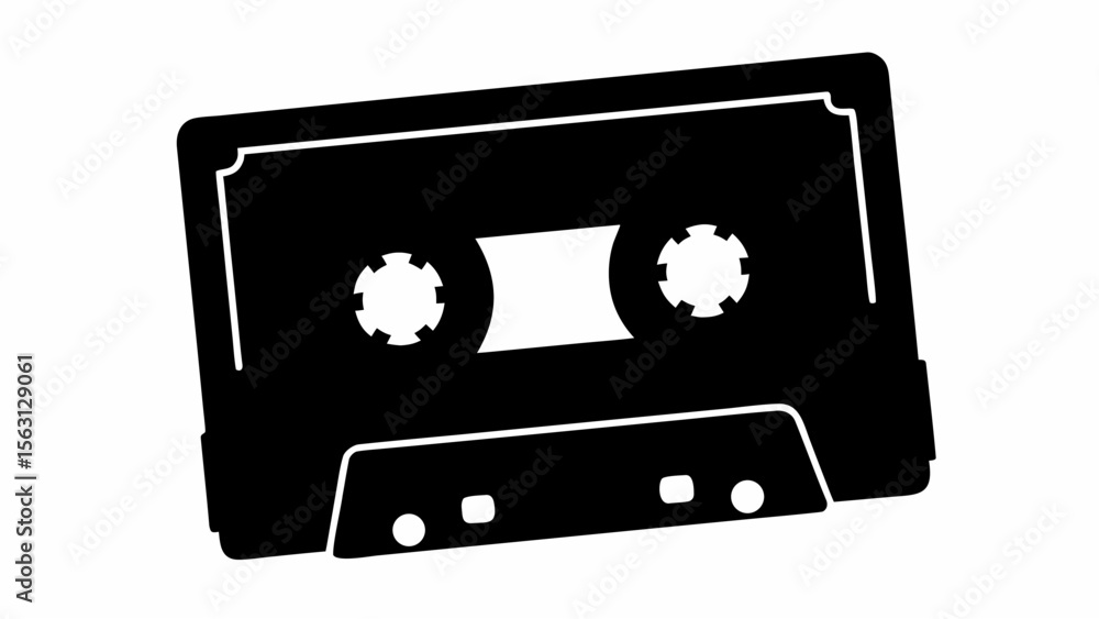 Poster close up of a black cassette tape with two circular spools and a rectangular window on a white backg