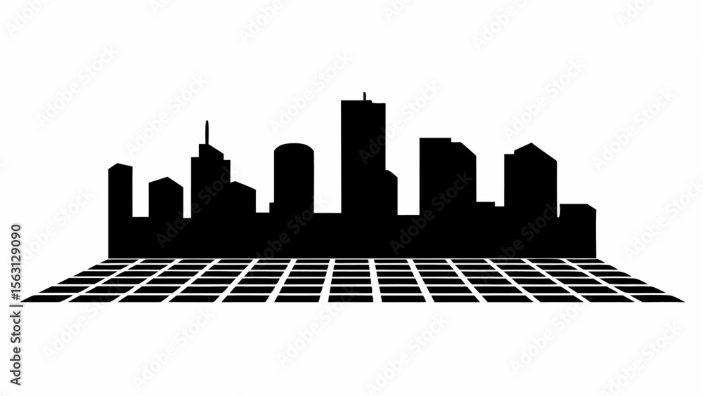 Poster silhouette of a cityscape skyline with various buildings on a grid pattern against a white backgroun