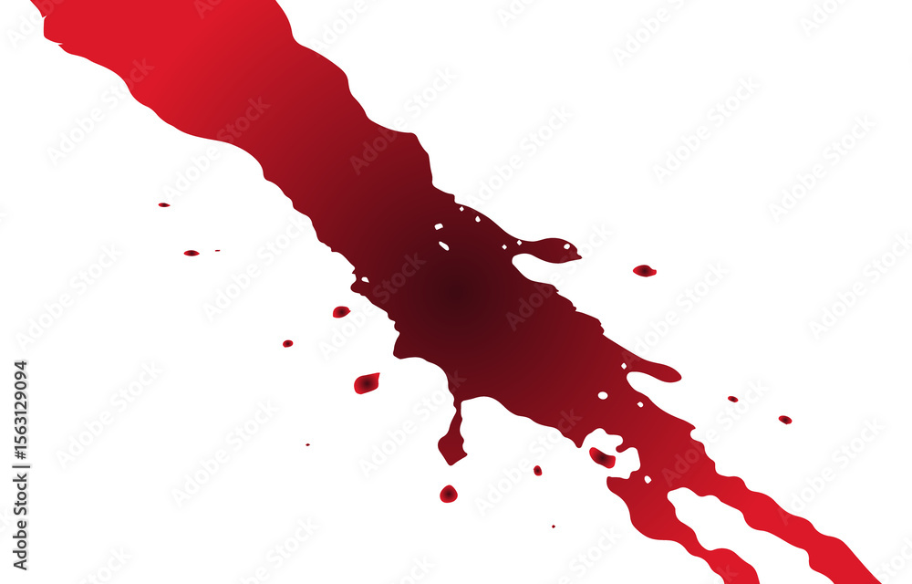 Poster a dynamic splatter of dark red liquid or blood drips and splashes across a white surface isolated on