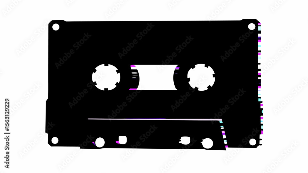 Poster black cassette tape with white circles and rectangular opening on a white background design element