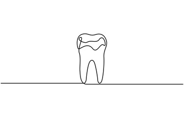 Teeth continuous one line drawing and simple isolated outline vector design, Tooth continuous one line drawing, Single line art tooth icon. Vector illustration