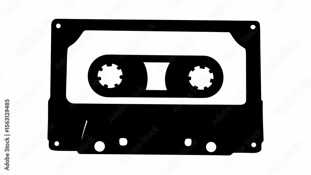 Poster illustration of a black and white cassette tape with visible tape reels and rectangular shape design