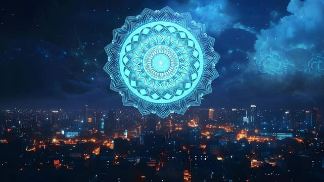 A futuristic cityscape at night with a large, intricate blue mandala pattern glowing in the sky above.