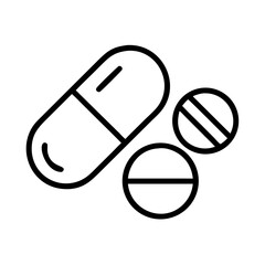 Isolated drawing of a capsule pill and two round tablet pills
