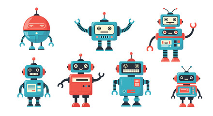 Collection of adorable cartoon robots featuring a variety of unique designs and friendly expressions in a bright and cheerful palette