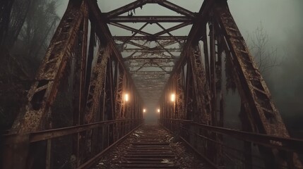 Rusty metal bridge, misty path