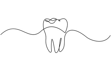 Teeth continuous one line drawing and simple isolated outline vector design, Tooth continuous one line drawing, Single line art tooth icon. Vector illustration