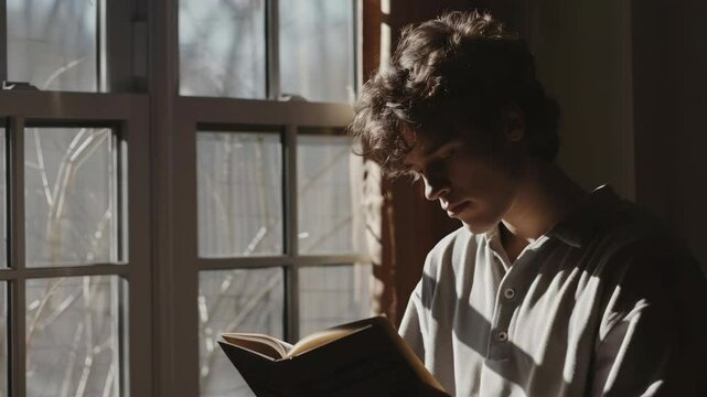 Person reading book by window
